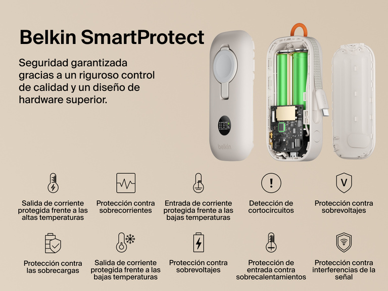 La bater&iacute;a externa de 10 000 mAh con cargador de Apple Watch Belkin BoostCharge Pro incluye la tecnolog&iacute;a de seguridad Belkin SmartProtect que incluye protecci&oacute;n contra sobrecorrientes, cortocircuitos, sobrecalentamientos y sobrevoltajes.