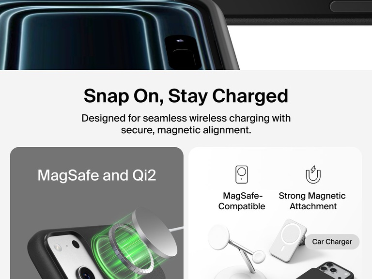 Belkin ScreenForce Protect Series Case for iPhone 17 with raised edges for screen and camera protection, designed for seamless magnetic wireless charging.