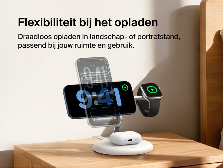 Belkin UltraCharge 3-in-1 Wireless Charging Stand with Qi2 25W charging iPhone in portrait and landscape modes alongside Apple Watch and AirPods on a bedside table