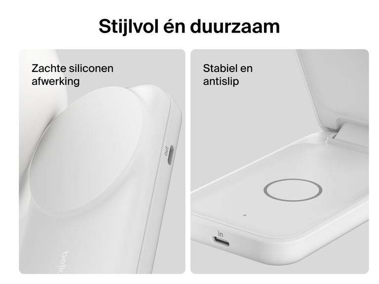 Close-up van de Belkin UltraCharge 2-in-1 uitklapbare magnetische lader met Qi2 25W, met een zachte siliconen afwerking en een stabiele antislipvoet voor extra duurzaamheid en veilig opladen.