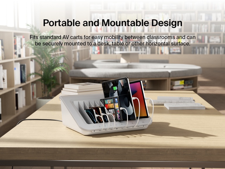 The Belkin Store and Charge Station is shown on a library table neatly charging ten tablets and smartphones, highlighting its mountable, portable design ideal for classrooms, offices, and shared learning environments.