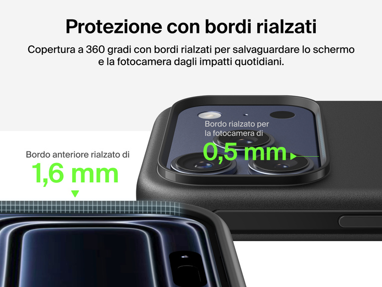 Immagine della custodia Belkin SheerForce Protect Series per iPhone 17 con design dei bordi rialzati e protezione dalle cadute di grado militare (fino a 4 metri).