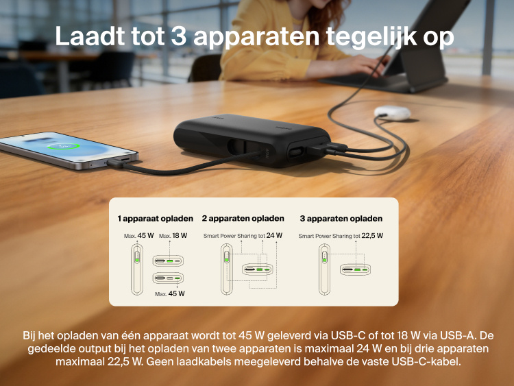 Belkin UltraCharge 10K power bank with integrated USB-C cable and digital display charging up to three devices simultaneously with smart power sharing