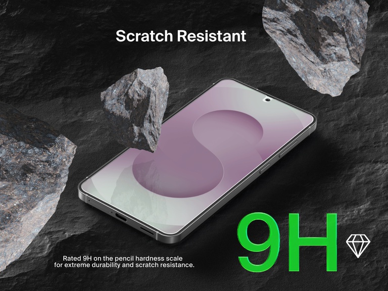 Marketing image showing a Samsung Galaxy S25 Edge phone with rocks around it, highlighting the ScreenForce InvisiGlass Screen Protector’s 9H scratch resistance rating for extreme durability.