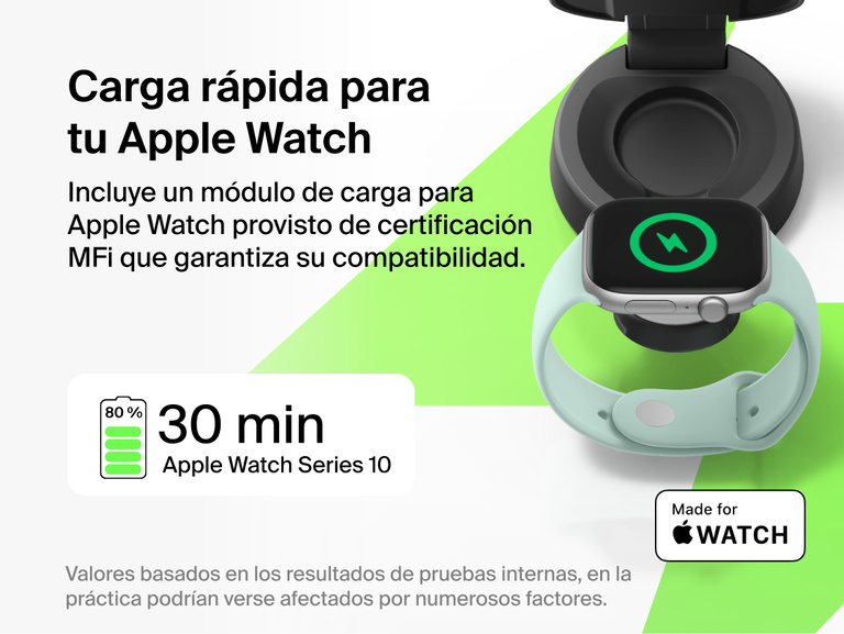 El cargador magn&eacute;tico convertible 2 en 1 con Qi2 de 25 W Belkin UltraCharge recarga un Apple Watch por carga r&aacute;pida mediante un m&oacute;dulo de carga con certificaci&oacute;n MFi. Es capaz de cargar cualquier modelo compatible hasta el 80 % en unos 30 minutos.