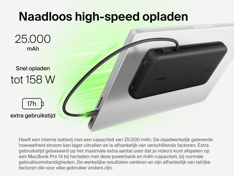 Belkin UltraCharge Pro Laptop Power Bank 25K delivering up to 158W fast charging with integrated USB-C cable connected to a laptop, 25,000 mAh capacity and digital display