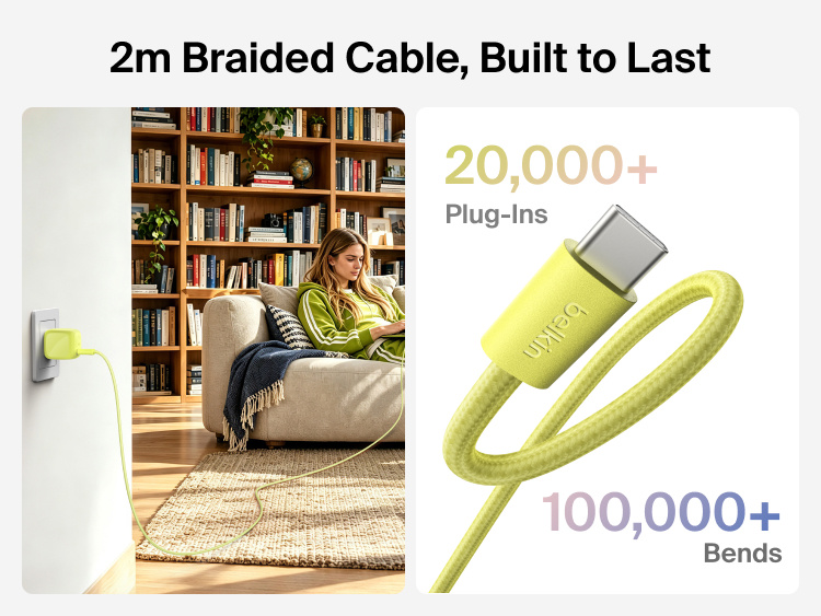 Belkin 2m braided USB-C cable shown charging a laptop with durability tested for more than 20,000 plug-ins and 100,000 bends.