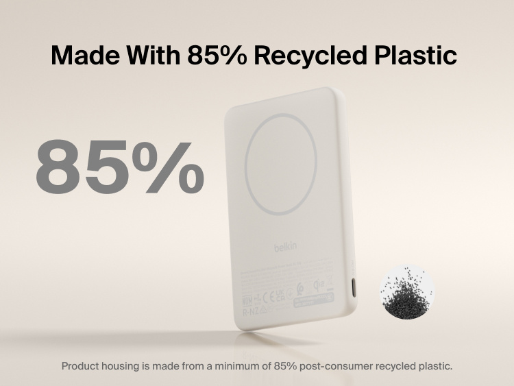 Belkin BoostCharge Slim Magnetic Power Bank 5K with Qi2 shown made with at least 85 percent post-consumer recycled plastic for a more sustainable portable charging solution.