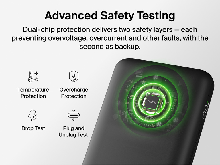 Belkin UltraCharge Pro Laptop Power Bank 25K featuring dual-chip safety protection with safeguards against overvoltage, overcurrent, temperature and drop impact