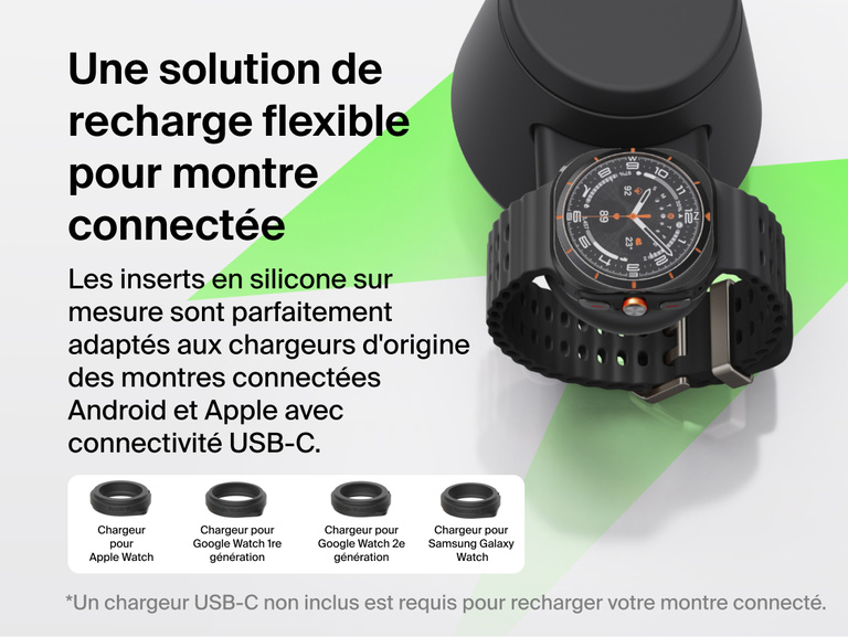 Image de la station de recharge modulaire Belkin UltraCharge avec Qi2 25&nbsp;W dot&eacute;e d'un module de recharge pour montres connect&eacute;es avec inserts interchangeables compatibles avec les chargeurs USB-C de l'Apple&nbsp;Watch, Google&nbsp;Watch et Samsung&nbsp;Galaxy&nbsp;Watch.