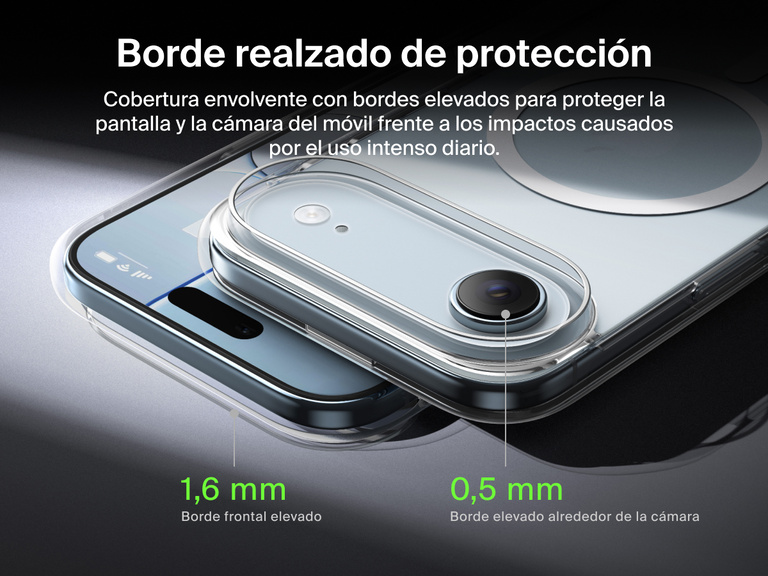 Belkin SheerForce Clear Series Case for iPhone 17 with elevated edge protection featuring 1.6mm front raised edge and 0.5mm camera raised edge for 360-degree coverage.