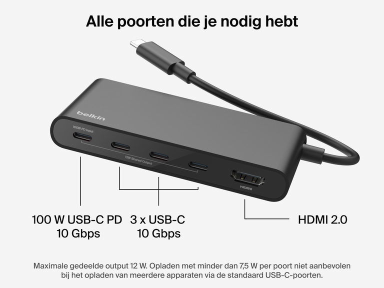 Belkin Connect 5-Port USB-C Hub with 4K HDMI includes 100W PD input, three USB-C 10Gbps ports, and HDMI 2.0 output.