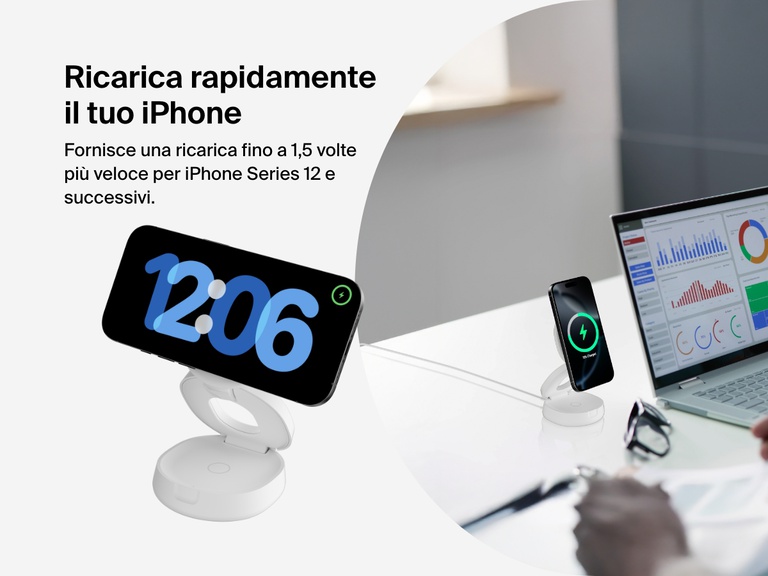 Belkin BoostCharge 2-in-1 Convertible Magnetic Charging Stand with Qi2 15W fast charges an iPhone in both portrait and landscape modes, ideal for desks and workspaces.