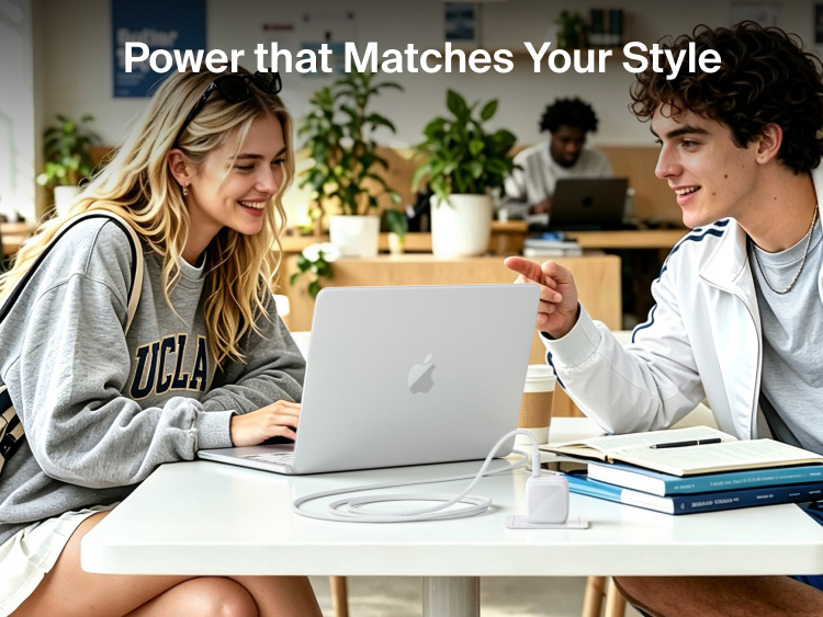Two students using a MacBook Neo with the Belkin BoostCharge Compact USB-C Charger 30W and braided USB-C cable at a table.