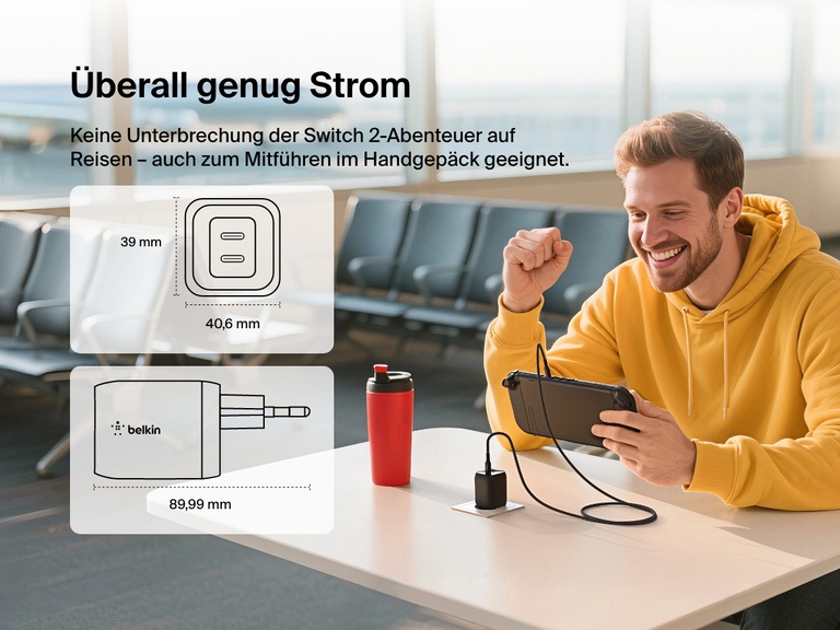 Das Belkin Gaming USB-C-Ladegerät (65 W) mit zwei Anschlüssen lädt die Nintendo Switch 2 unterwegs auf. Das kompakte Modell ist ideal zur Verwendung am Flughafen und im Flugzeug, da es Handgepäck-konform ist.