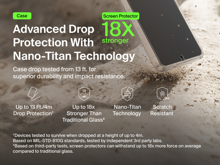 Belkin SheerForce Titan Protective Bundle for Samsung Galaxy S26 featuring Nano-Titan technology, 13-foot drop-tested case, and screen protector up to 18x stronger than traditional glass for advanced impact and scratch resistance.