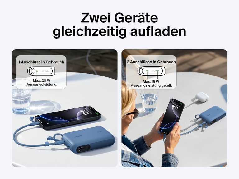 Visueller Vergleich der Belkin BoostCharge Powerbank 10K mit Display, die ein Gerät mit 20 W oder zwei Geräte gleichzeitig mit 15 W (geteilt) auflädt. Es wird gezeigt, wie ein Smartphone und ein kabelloser In-Ear-Kopfhörer auf einem Tisch aufgeladen werden.
