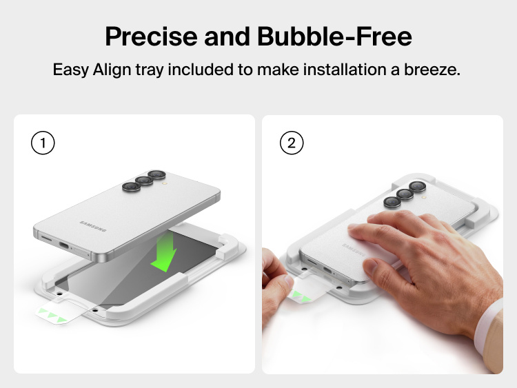 Belkin ScreenForce Titan SmartShield Privacy Filter Screen Protector for Samsung Galaxy S26 showing the Easy Align tray for precise, bubble-free installation with simple, step-by-step placement.