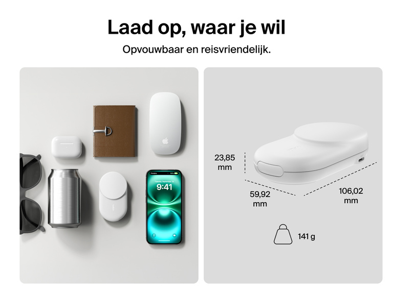Afbeelding van de Belkin UltraCharge 2-in-1 uitklapbare magnetische lader met Qi2 25W in een compact, reisvriendelijk ontwerp met een gewicht van 162 gram en een ideaal formaat voor opladen onderweg.