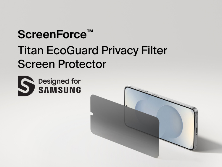 Belkin ScreenForce Titan EcoGuard Privacy Filter Screen Protector for Samsung Galaxy S26 shown aligned to a smartphone display, helping shield on-screen content from side views while protecting against scratches and everyday wear.