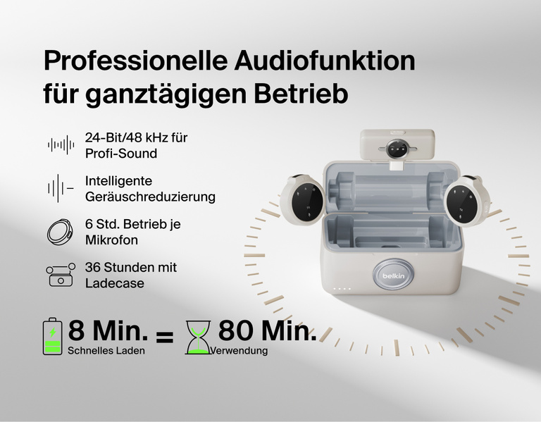 Image showing Belkin Stage Creator Kit wireless microphones and charging case featuring 24-bit/48 kHz studio-quality audio, smart noise reduction, 6-hour use per mic, and quick-charge capability.