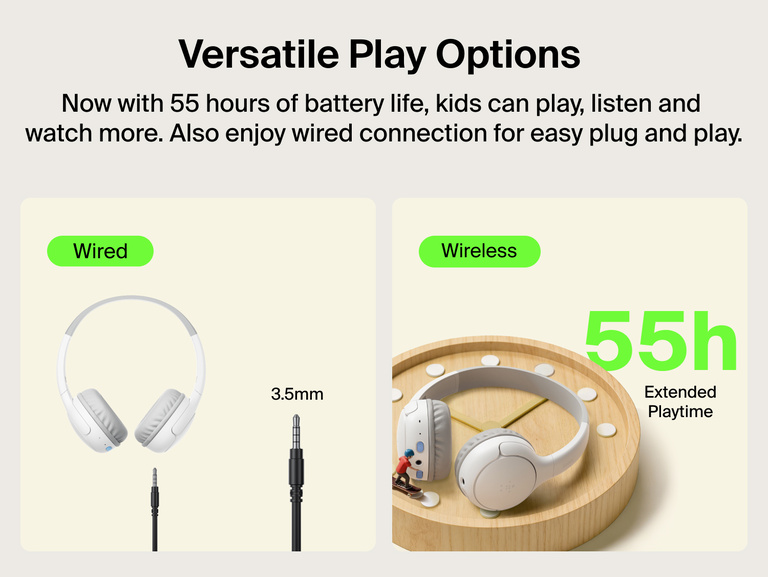 SoundForm Mini 2 Wireless On-Ear Headphones for Kids shown in two connection modes: wired with a 3.5mm audio cable, and wireless on a decorative wooden tray with a toy skateboarder, with 55h Extended Playtime callout