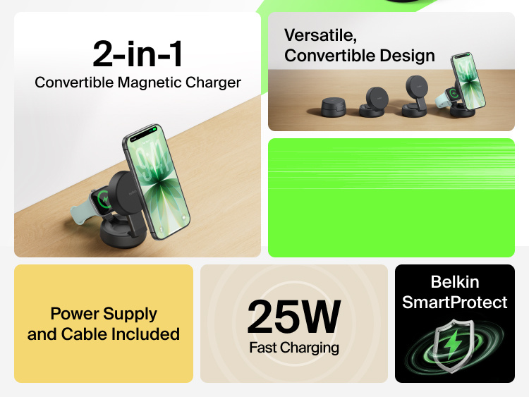 Belkin UltraCharge Pro 2-in-1 Convertible Magnetic Charger with Qi2 25W features a versatile convertible design, secure magnetic attachment, up to 5x faster wireless charging, and includes a power supply and cable.