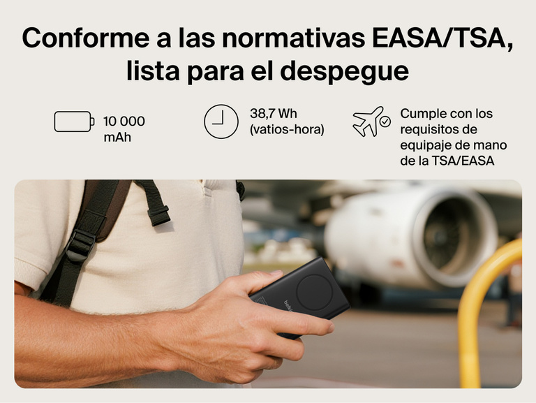 Belkin UltraCharge Pro Power Bank 10K with magnetic ring shown in hand at an airport, highlighting TSA-compliant 10,000 mAh capacity for travel-ready portable charging.