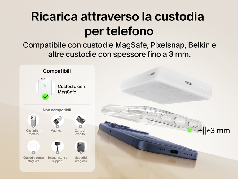 Belkin BoostCharge Slim Magnetic Power Bank 10K charging through a MagSafe-compatible phone case up to 3mm thick with clear compatibility and non-compatible case examples