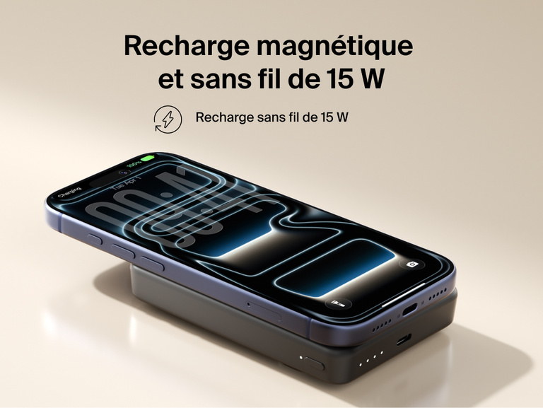 Slim Magnetic Power Bank 10K with Qi2 magnetically attached to smartphone demonstrating wireless charging capability