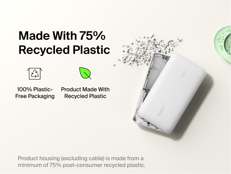 Belkin UltraCharge 10K power bank with integrated USB-C cable and digital display made with 75% recycled plastic and eco-friendly packaging