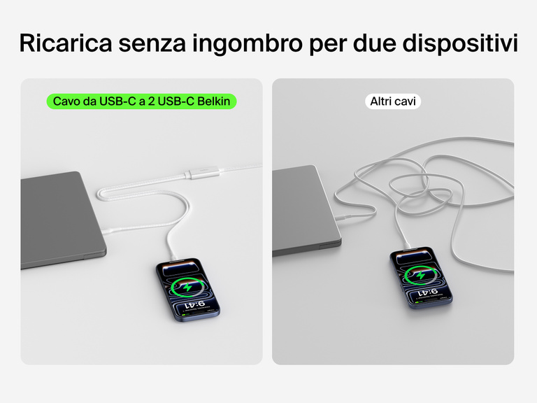 Il cavo intrecciato da USB-C a 2 USB-C BoostCharge Pro Belkin consente la ricarica senza ingombro di due dispositivi tramite un unico cavo, rispetto alle comuni installazioni con molteplici cavi.