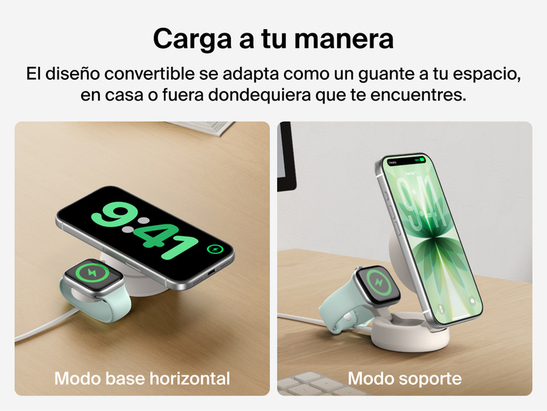 El cargador magn&eacute;tico convertible 2 en 1 con Qi2 de 25 W Belkin UltraCharge Pro se transforma de soporte vertical a base horizontal para adaptarse a tus necesidades de carga. Te permite cargar de forma inal&aacute;mbrica y a gran velocidad un smartphone y un Apple Watch en casa o all&iacute; donde te encuentres.