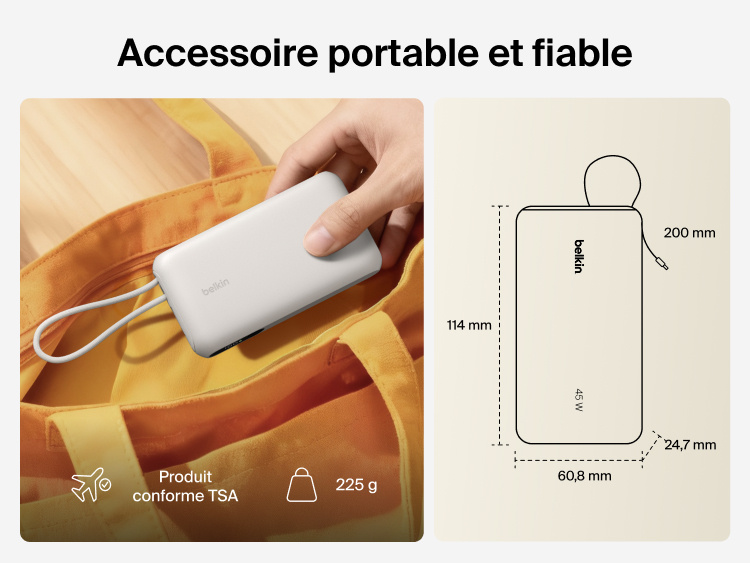 Belkin UltraCharge 10K power bank with integrated USB-C cable and digital display shown as a lightweight, TSA carry-on approved portable charger for everyday travel