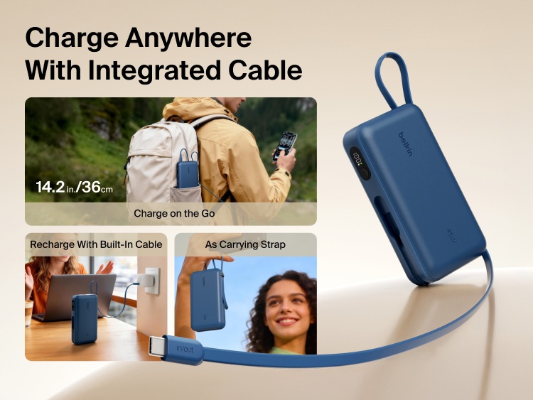 Belkin UltraCharge 20K 45W power bank with integrated USB-C cable for on-the-go charging, easy recharging, and convenient carry strap functionality