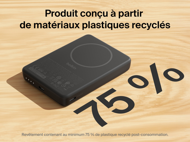 Slim Magnetic Power Bank 10K with Qi2 showing recycled plastic housing with 75% post-consumer materials and wireless charging surface on top