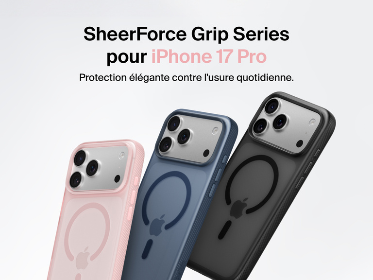 Belkin SheerForce Grip Series protective case for iPhone 17 shown in pink, clear, and black with slim design and MagSafe compatibility.