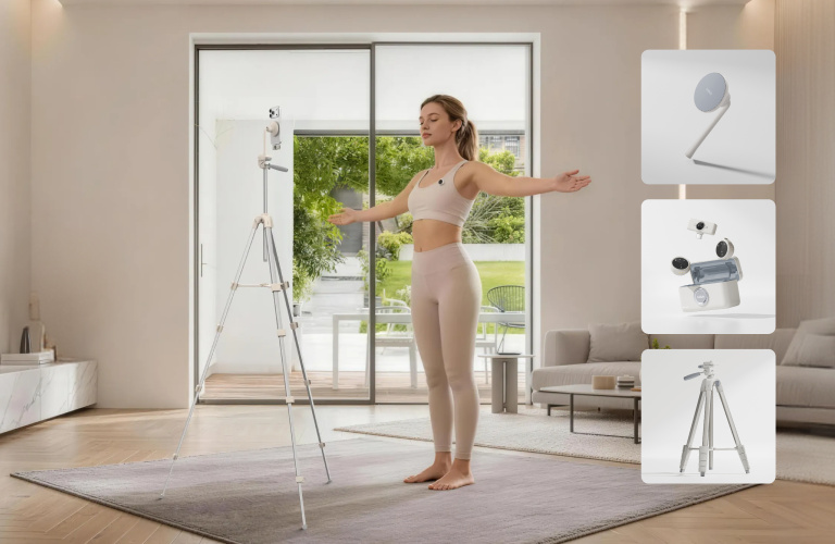 Woman exercising in a living room while being recorded on a tripod-mounted camera, with product callouts showing tripod, magnetic stand, and camera accessories