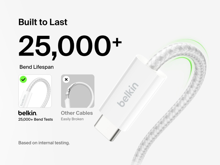 Image of the Belkin BoostCharge USB-A to USB-C Cable 15W highlighting its ultra-durable braided design with 25,000+ bend lifespan for long-lasting performance.