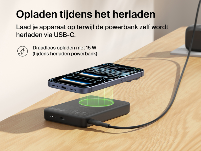 Slim Magnetic Power Bank 10K with Qi2 wirelessly charging smartphone while recharging via USB-C pass-through charging