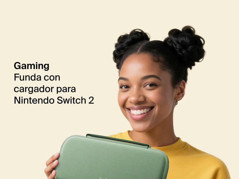 Smiling woman in a yellow shirt holds the Belkin Gaming Charging Case for Nintendo Switch 2, designed for portable protection and on-the-go charging.