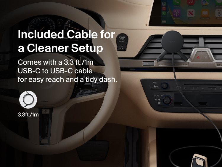 Belkin BoostCharge Magnetic Wireless Charging Car Vent Mount shown installed in a vehicle with the included 3.3 ft/1m USB-C to USB-C cable for a clean, easy-reach setup.