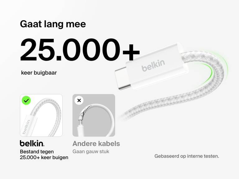 Afbeelding van de Belkin BoostCharge 15 W USB-A naar USB-C-kabel met de nadruk op het ultraduurzame gevlochten ontwerp dat bestand is tegen meer dan 25.000 keer buigen.