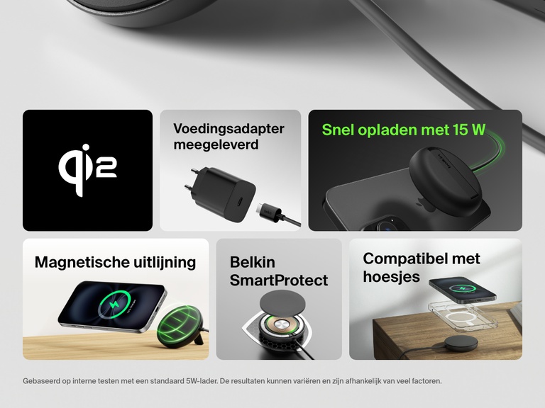Afbeelding van een overzicht van de productkenmerken van het zwarte Belkin BoostCharge Pro magnetische draadloze laadstation met Qi2 (15 W) waarin Qi2-certificering, de meegeleverde voedingsadapter, snel opladen met 15 W, magnetische uitlijning, Belkin SmartProtect en compatibiliteit met hoesjes onder de aandacht worden gebracht.