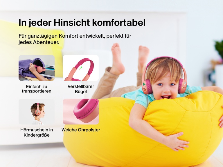 Smiling child wearing Belkin Wired On-Ear Headphones for Kids while lounging on a yellow beanbag, with callouts for soft ear cushions, adjustable headband, kid-sized earcups, and easy portability.