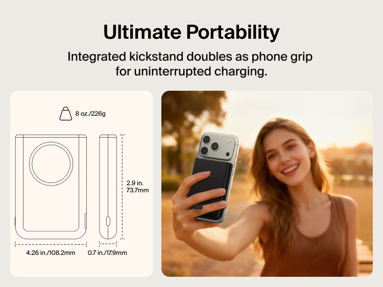 Belkin UltraCharge Pro Power Bank 10K with magnetic ring shown attached to a smartphone for portable wireless charging, featuring an integrated kickstand phone grip and slim, lightweight design for on-the-go use.