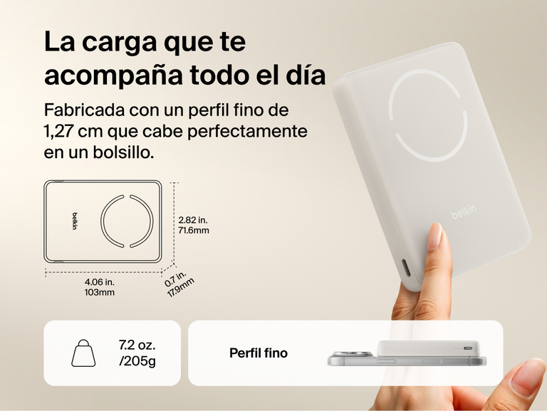 Slim Magnetic Power Bank 10K with Qi2 shown in hand and next to smartphone highlighting slim size and portability dimensions