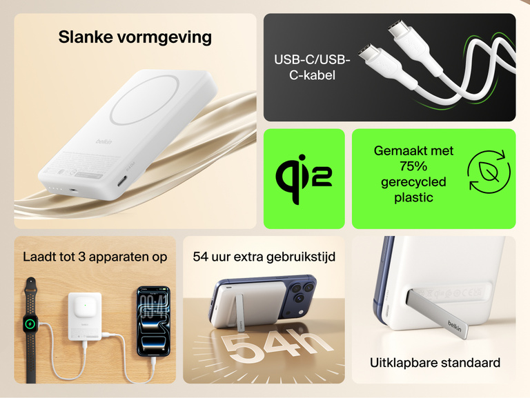 Slim Magnetic Power Bank 10K with Qi2 highlighting slim profile, kickstand support, multi-device charging, and included USB-C cable