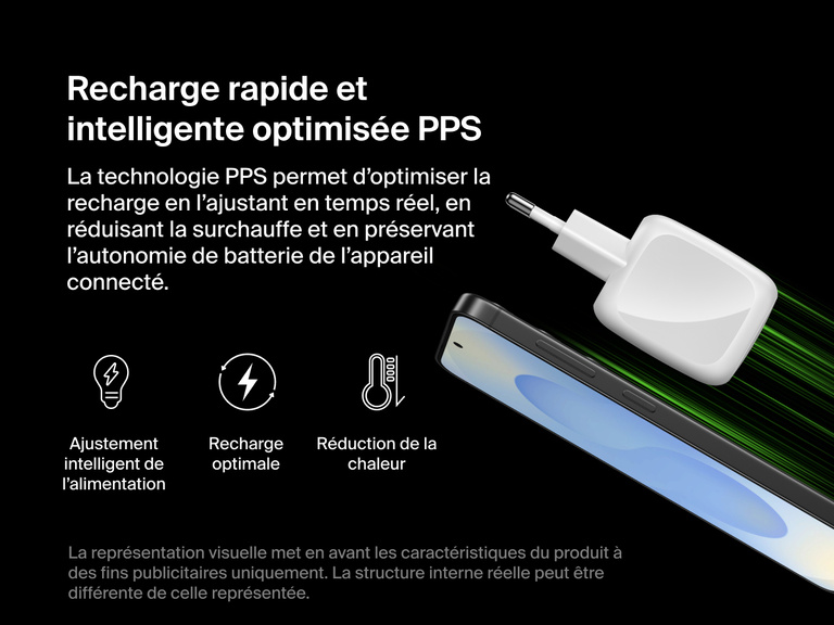 Image du cargeur secteur GaN à deux ports USB-C Belkin BoostCharge Pro (50 W) avec PPS pour un ajustement intelligent de l’alimentation, une surchauffe réduite et une meilleure autonomie de batterie.