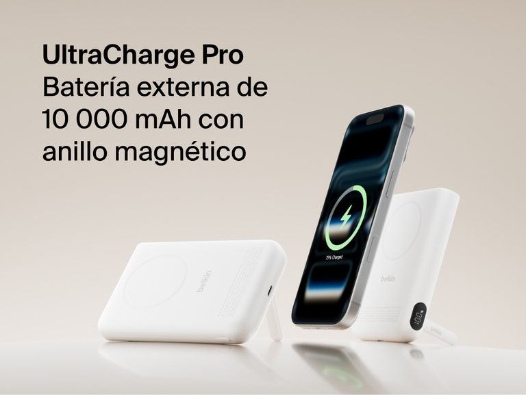 Belkin UltraCharge Pro Power Bank 10K with magnetic ring shown wirelessly charging a smartphone, featuring a slim portable battery design for on-the-go fast charging.